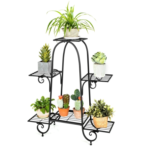 Image 1 de 10.. Support pour plante à 6 niveaux avec repose-pieds réglables, noir