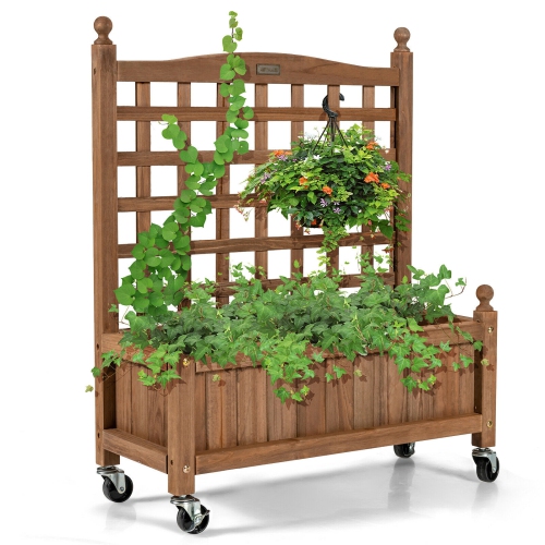 SLICKBLUE  32In Wood Planter Box With Trellis Mobile Raised Bed for Climbing Plant