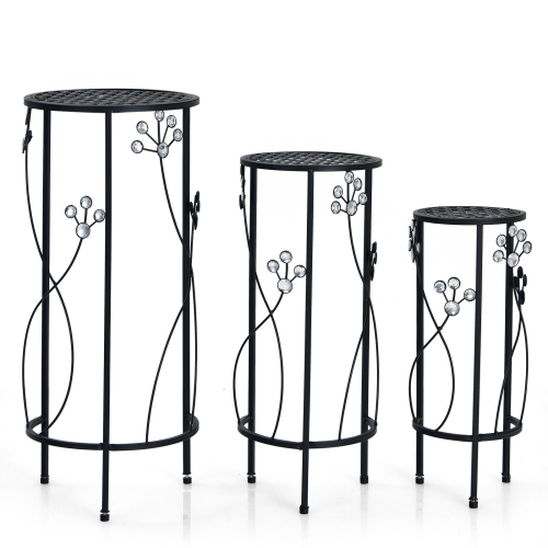 SLICKBLUE  3 Pieces Metal Plant Stand Set With Crystal Floral Accents Round-Black
