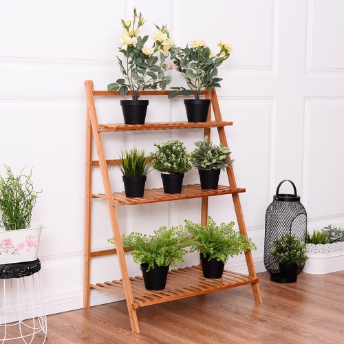 3-Tier Bamboo Ladder Shelf Foldable Plant Flower Bookshelf