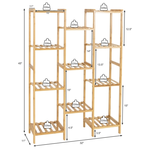 Bamboo 11-Tier Plant Stand Utility Shelf Free Standing Storage Rack Pot Holder-Natural