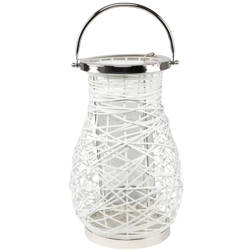 16.25" Modern White Decorative Woven Iron Pillar Candle Lantern with Glass Hurricane
