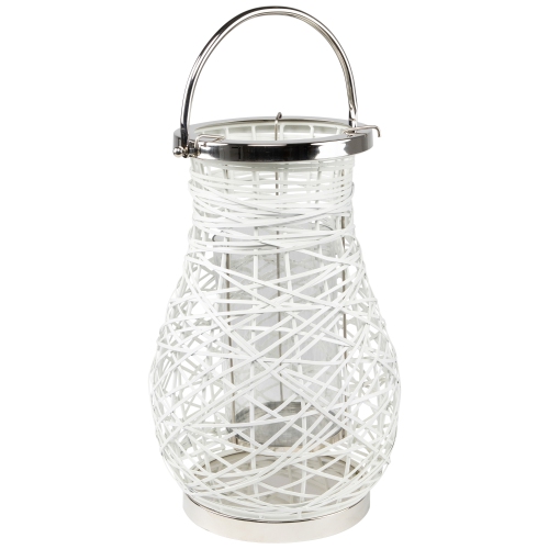 16.25" Modern White Decorative Woven Iron Pillar Candle Lantern with Glass Hurricane