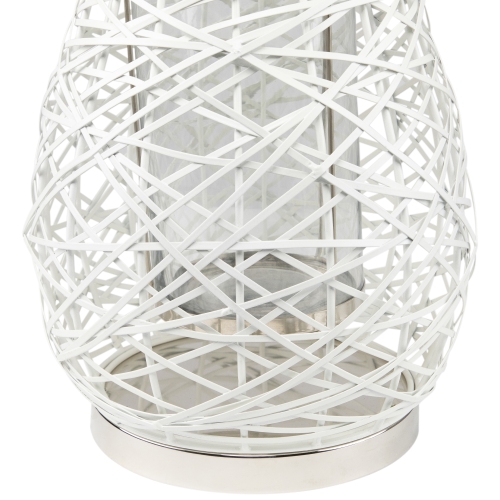 16.25" Modern White Decorative Woven Iron Pillar Candle Lantern with Glass Hurricane