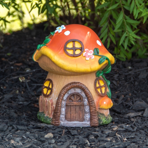 6.25" Orange Mushroom House Outdoor Garden Statue