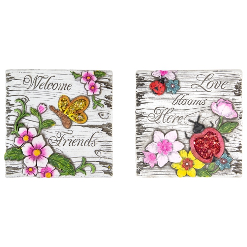 NORTHLIGHT  Set Of 2 Love Blooms And Welcome Friends Floral Outdoor Garden Stones 7"