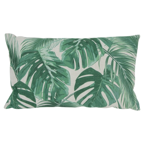 Coussin décoratif rectangulaire à imprimé de feuilles tropicales vertes et blanches de 19 po