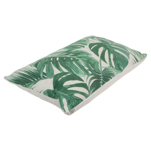 Coussin décoratif rectangulaire à imprimé de feuilles tropicales vertes et blanches de 19 po