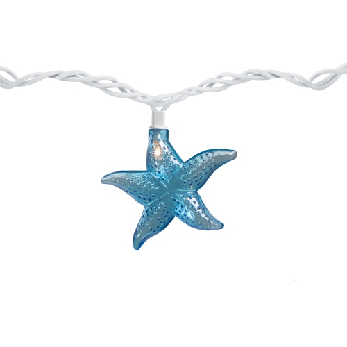 Set of 10 Blue Starfish Novelty String Lights - 9ft White Wire