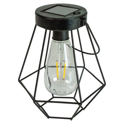7.5" Black Geometric Outdoor Hanging Solar Lantern with Handle