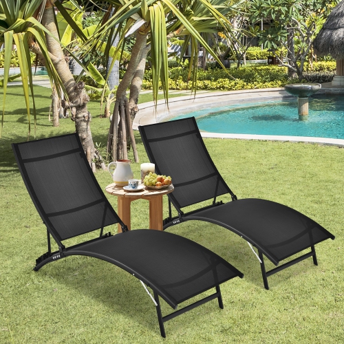 COSTWAY  2 PCs Patio Folding Chaise Lounge Chair Recliner Adjustable Stackable Deck In Black