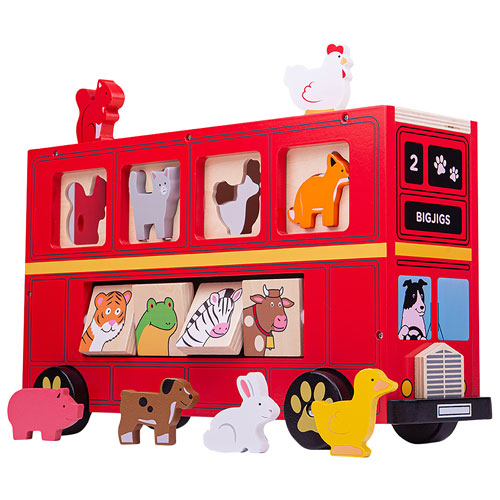 Bigjigs Toys Wooden Animal Shape Sorter Bus - Red