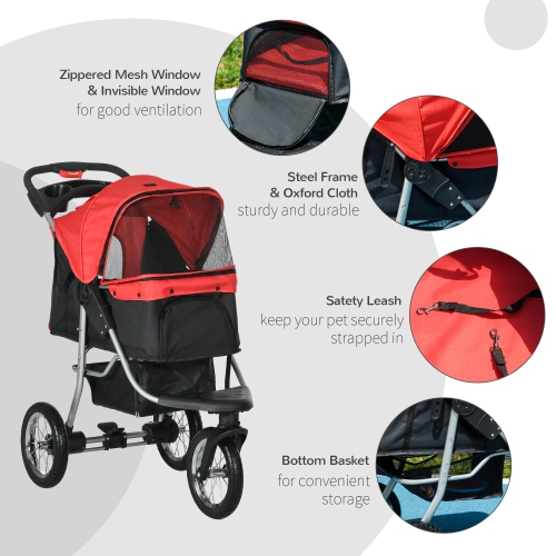 PawHut Luxury Pet Stroller Lightweight Dog Cat Travel Carriage with 3-Rubber Wheels, One-click Folding Design, Adjustable Canopy, Zippered Mesh