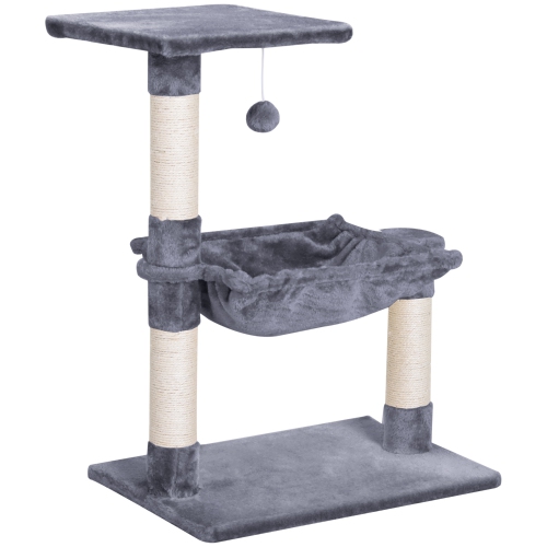 PAWHUT  " 27.5"" Cat Tree Tower Kitten House Condo Furniture Hammock Bed With Natural Sisal Scratching Post Teasing Toy, Light Grey"