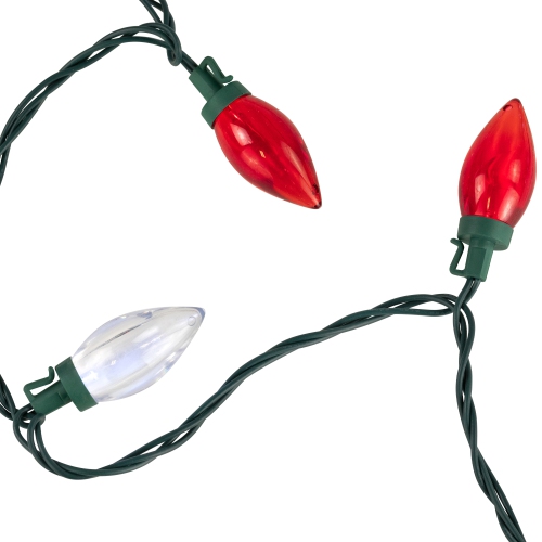 25 Red and Pure White C9 Christmas Lights - 16 ft Green Wire