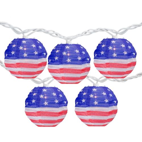 10-Count American Flag 4th of July Paper Lantern Lights, 8.5ft White Wire