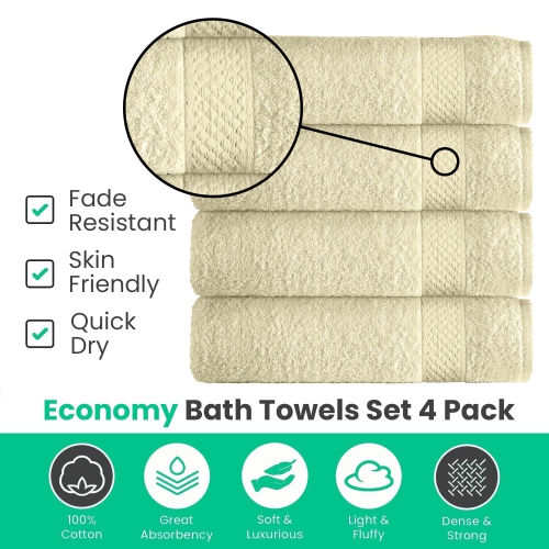 Canadian Linen Basic Economy Ivory Bath Towels 26x52 inch 4 Pack Soft Absorbent Hospitality Cotton Towel Set for Bathroom Hotel Spa Salon Gym