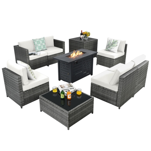 TOPBUY  Patiojoy 9 PCs Rattan Dinning Set Wicker Sofa W/propane Gas Fire Pit 60, 000 Btu Heater Grey/black/navy/red/off In White