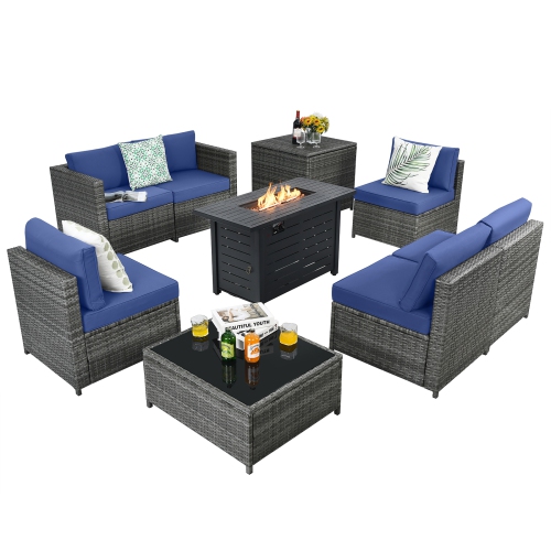 Patiojoy 9 PCS Rattan Dinning Set Wicker Sofa w/Propane Gas Fire Pit 60,000 Btu Heater Grey/Black/Navy/Red/Off White