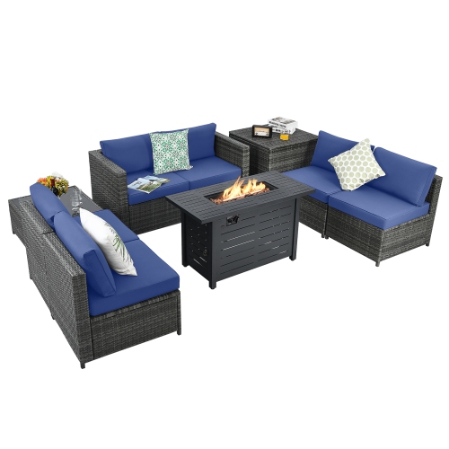 Patiojoy 9 PCS Rattan Dinning Set Wicker Sofa w/Propane Gas Fire Pit 60,000 Btu Heater Grey/Black/Navy/Red/Off White