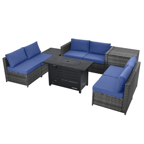 Patiojoy 9 PCS Rattan Dinning Set Wicker Sofa w/Propane Gas Fire Pit 60,000 Btu Heater Grey/Black/Navy/Red/Off White