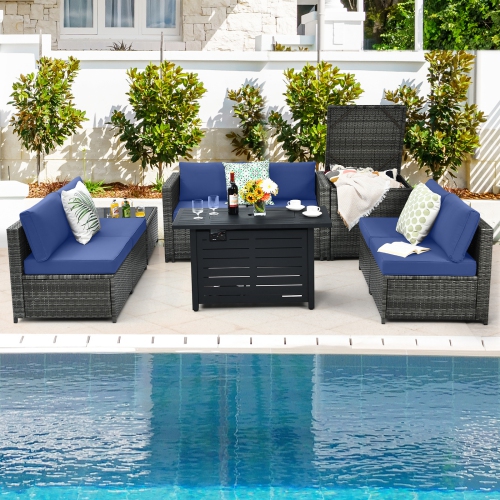 Patiojoy 9 PCS Rattan Dinning Set Wicker Sofa w/Propane Gas Fire Pit 60,000 Btu Heater Grey/Black/Navy/Red/Off White