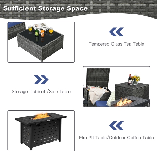 Patiojoy 9 PCS Rattan Dinning Set Wicker Sofa w/Propane Gas Fire Pit 60,000 Btu Heater Grey/Black/Navy/Red/Off White