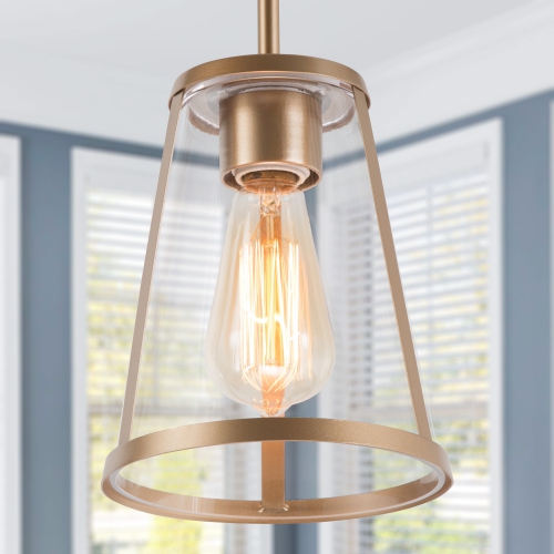 Modern 1-Light Single Cone Gold Pendant with Transparent Glass Shade