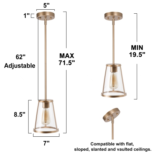 Modern 1-Light Single Cone Gold Pendant with Transparent Glass Shade