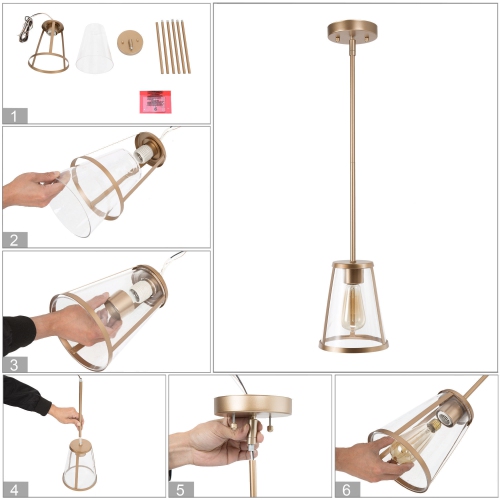 Modern 1-Light Single Cone Gold Pendant with Transparent Glass Shade