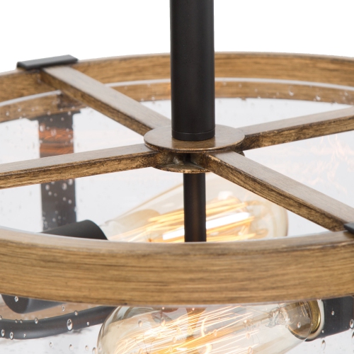 Plafonnier rustique en bois à 2 lumières avec verre bosselé