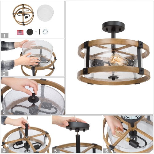 Plafonnier rustique en bois à 2 lumières avec verre bosselé