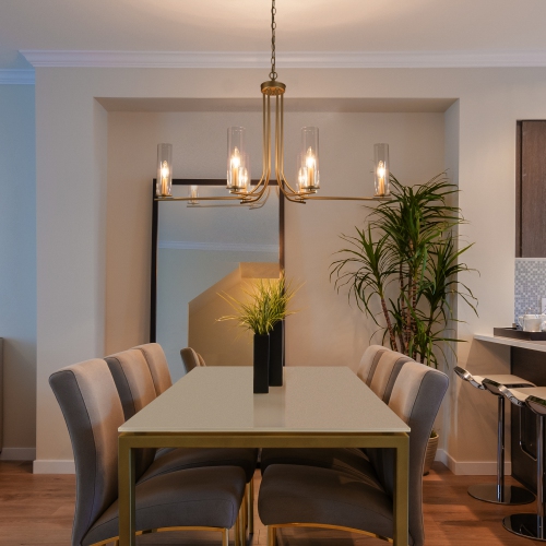 Lustre moderne à 6 lumières géométriques rond avec abat-jour en verre transparent