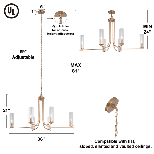Lustre moderne à 6 lumières géométriques rond avec abat-jour en verre transparent