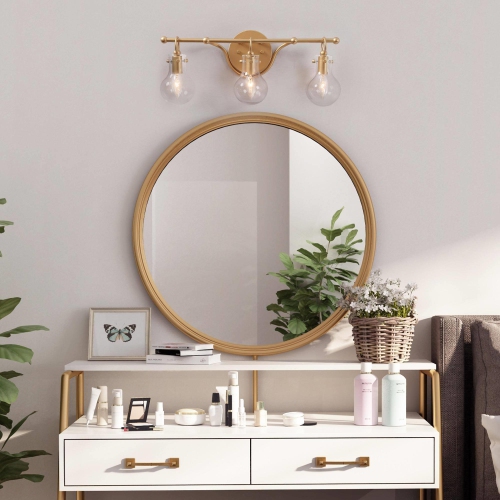 Modern 3-Light Gold Bathroom Vanity Light, Clear Glass Shades, Wall Sconces