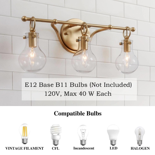 Modern 3-Light Gold Bathroom Vanity Light, Clear Glass Shades, Wall Sconces