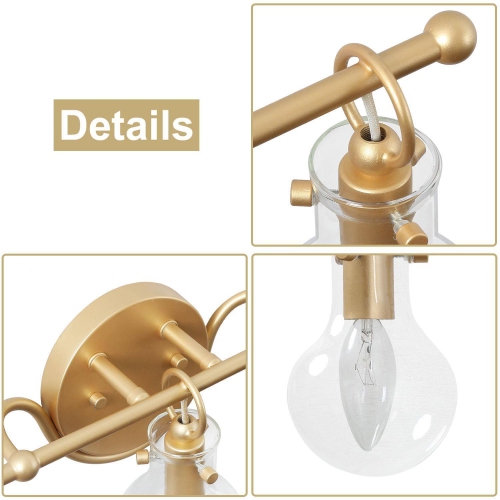 Modern 3-Light Gold Bathroom Vanity Light, Clear Glass Shades, Wall Sconces