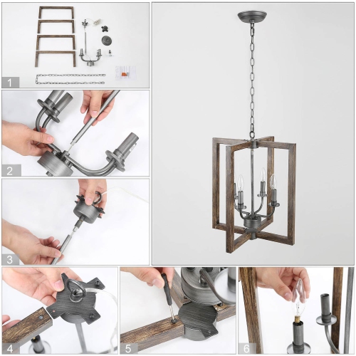 Farmhouse 4-Light Pinewood Chandelier with Brush Silver Accent