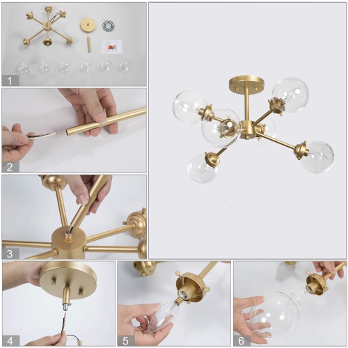 Modern 6-Light Sputnik Gold Semi-Flush Mount