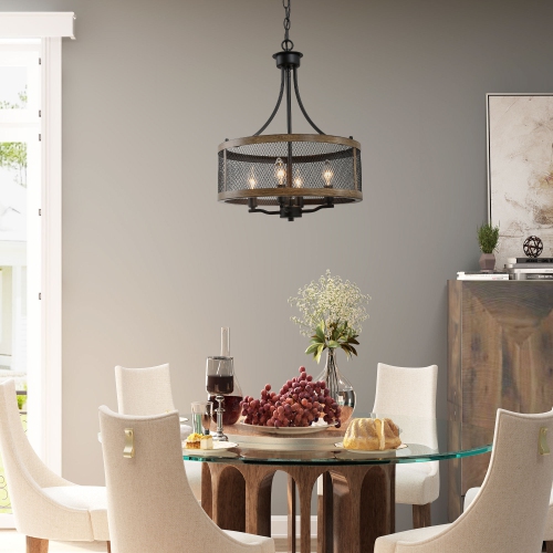 Farmhouse 4-Light Modern Drum Chandelier with Wood Accent
