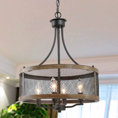 Farmhouse 4-Light Modern Drum Chandelier with Wood Accent