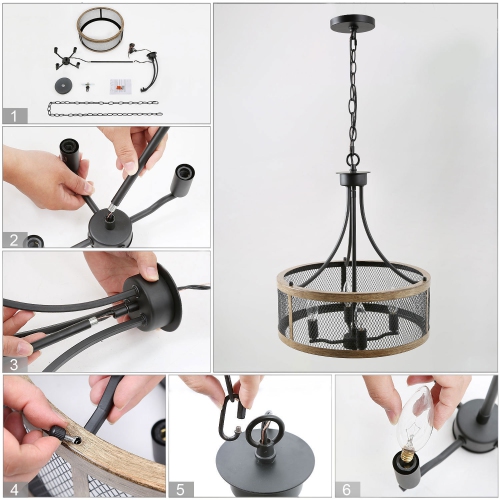 Farmhouse 4-Light Modern Drum Chandelier with Wood Accent