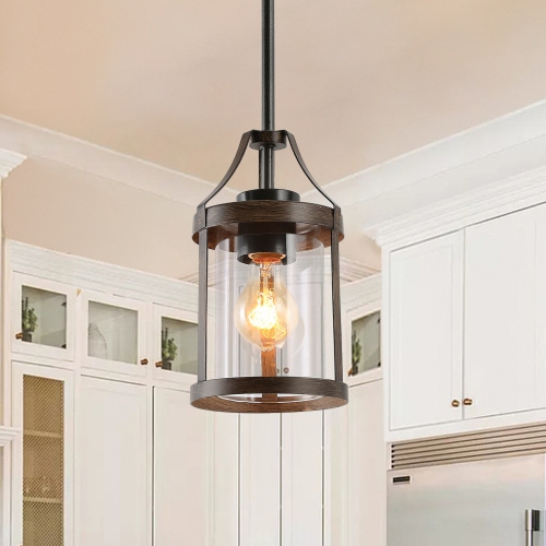 Rustic 1-Light Single Cylinder Pendant with Wood Accent