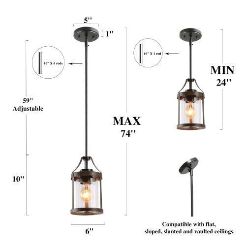 Rustic 1-Light Single Cylinder Pendant with Wood Accent