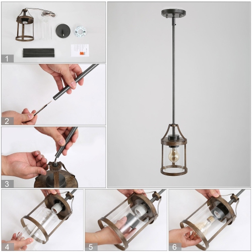 Rustic 1-Light Single Cylinder Pendant with Wood Accent