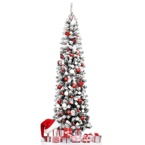 Image 1 of 8.. Topbuy 4.5ft /6ft/7.5ft Pencil Artificial Christmas Tree Snow Flocked Pencil Tree with Flexible Stand
