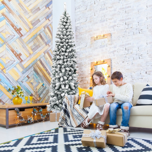 TopBuy – crayon en forme d’arbre de Noël artificiel floqué avec arbre de neige, 4,5 pi/6 pi/7,5 pi, avec support flexible