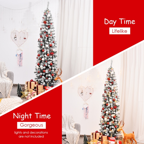 TopBuy – crayon en forme d’arbre de Noël artificiel floqué avec arbre de neige, 4,5 pi/6 pi/7,5 pi, avec support flexible