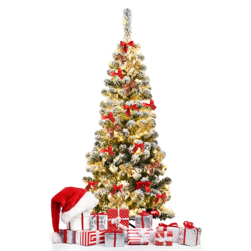 Image 1 of 7.. Topbuy 4.5FT/6FT/7.5FT Snow Flocked Pencil Pre-lit Christmas Tree with Flexible Stand Thick Leaves LED Lights
