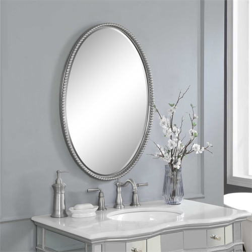 Beaumont Lane Beaded Metal Oval Wall Mirror in Brushed Nickel
